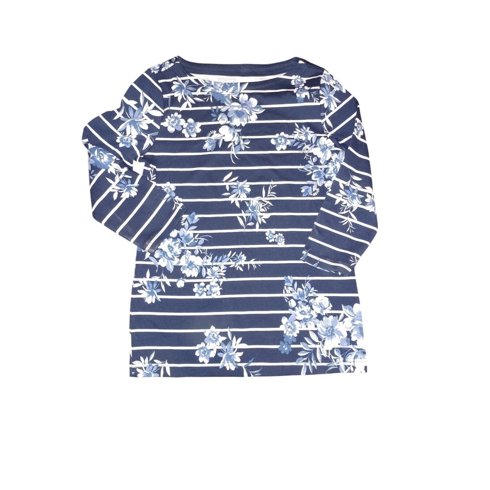 Croft & Barrow Womens XS Navy Blue White Striped Floral 3/4 Sleeve Boat Neck Top